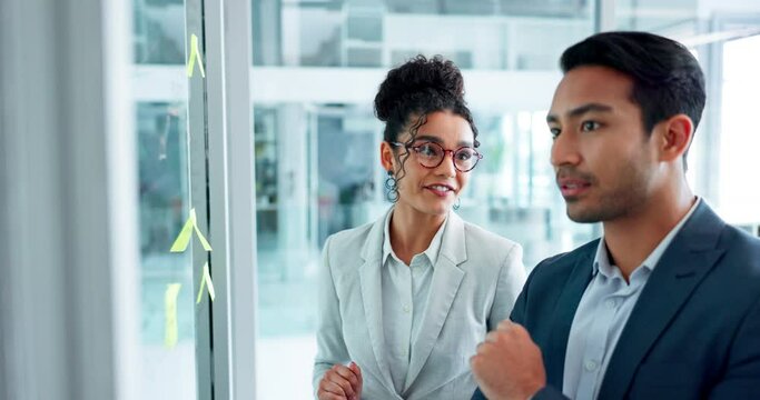 Business people, planning and glass wall with point, talk and thinking with notes for problem solving. Partnership, man and woman with brainstorming, leadership and moodboard with choice for solution