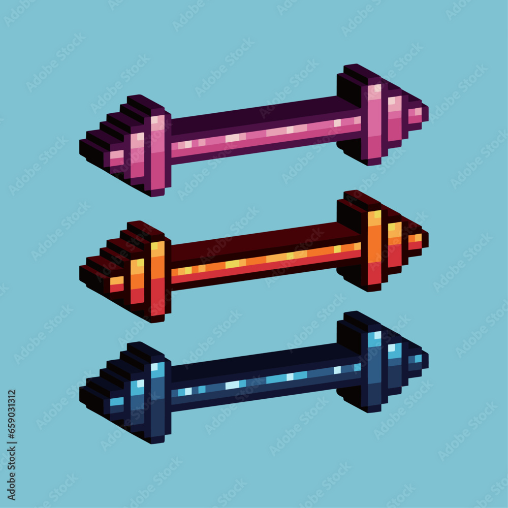 Poster isometric pixel art 3d of long barbell for items asset. gym barbell on pixelated style.8bits perfect
