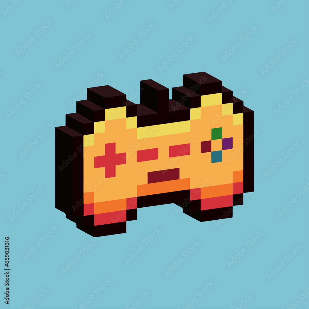 Poster isometric pixel art 3d of gamepad controller for items asset. game controller gold on pixelated styl