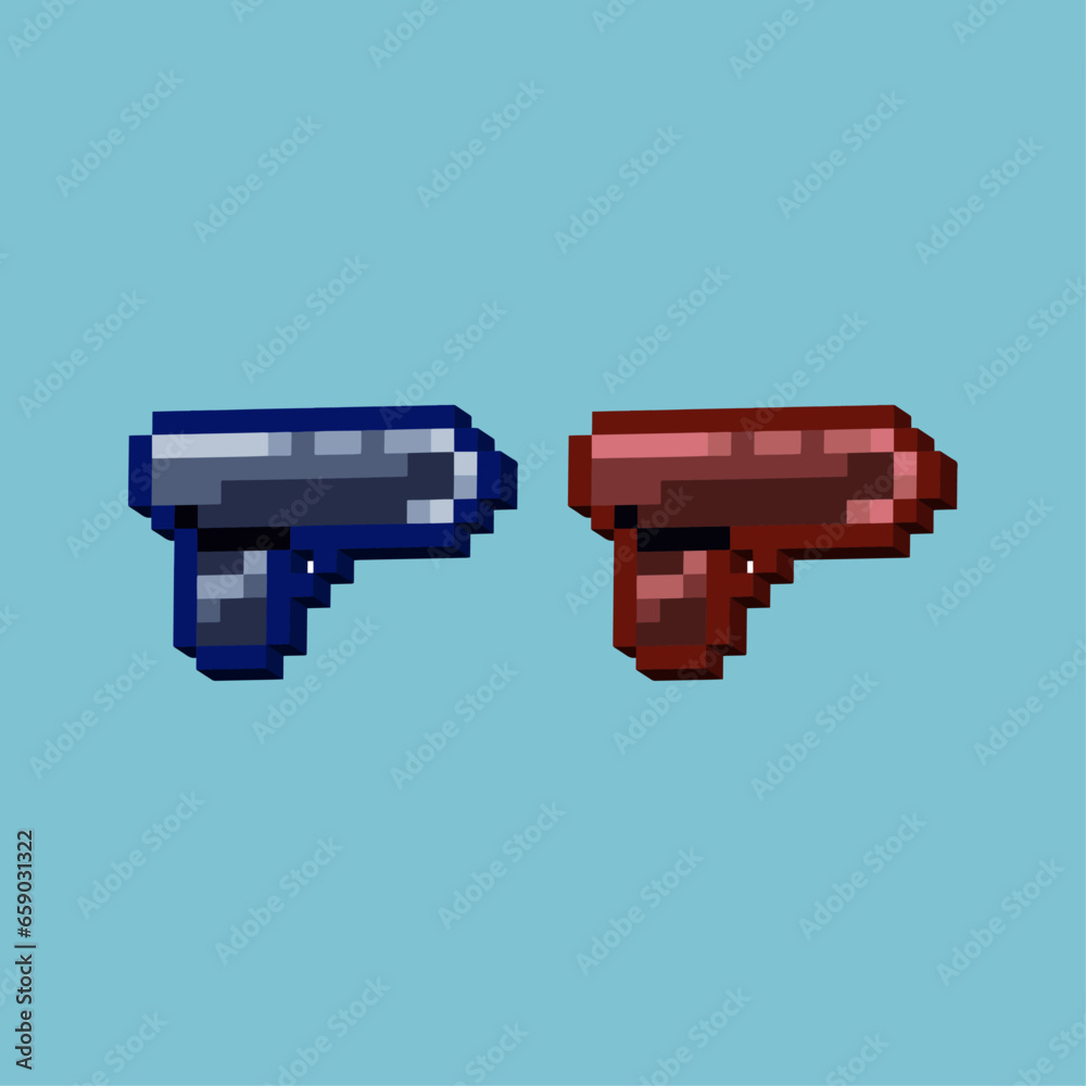 Poster isometric pixel art 3d of handgun for items asset. gun handgun on pixelated style.8bits perfect for 