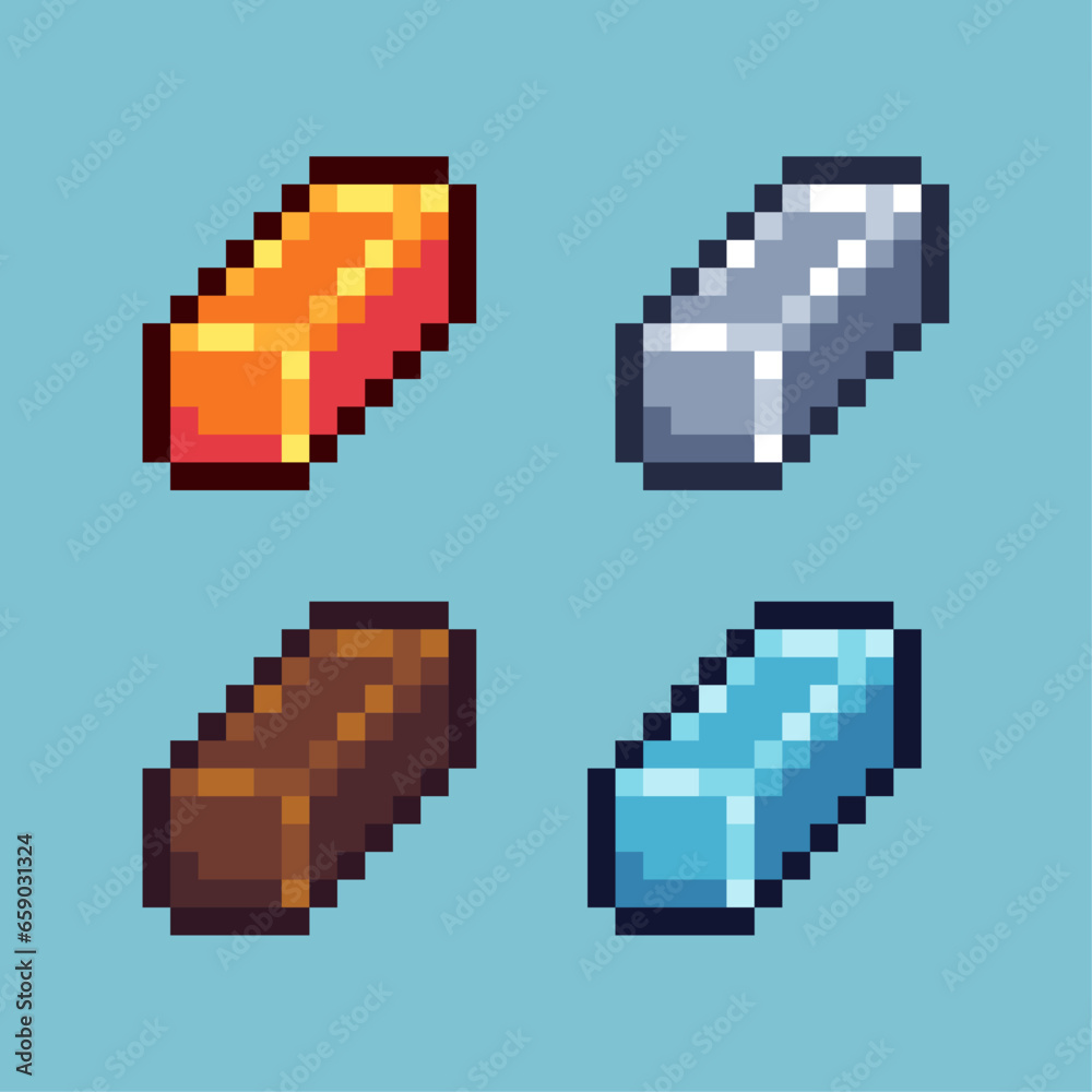 Poster pixel art sets of ingot bar with variation color item asset. simple bits of gold silver material on 