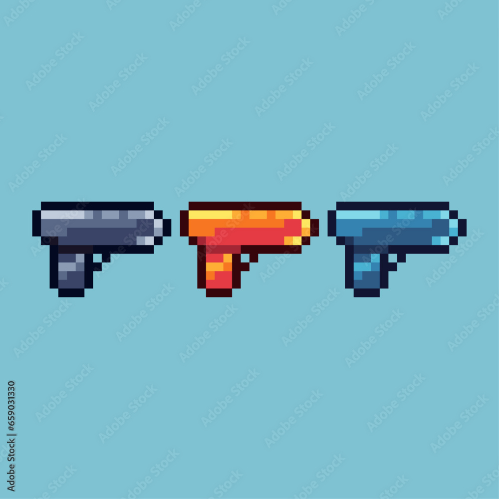 Poster pixel art sets of handgun icon with variation color item asset. simple bits of gold handgun on pixel