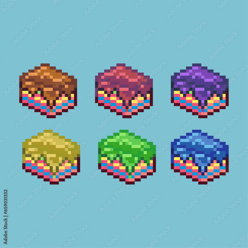 Poster pixel art sets of birthday cake topping with variation color item asset. simple bits of sweet cake o