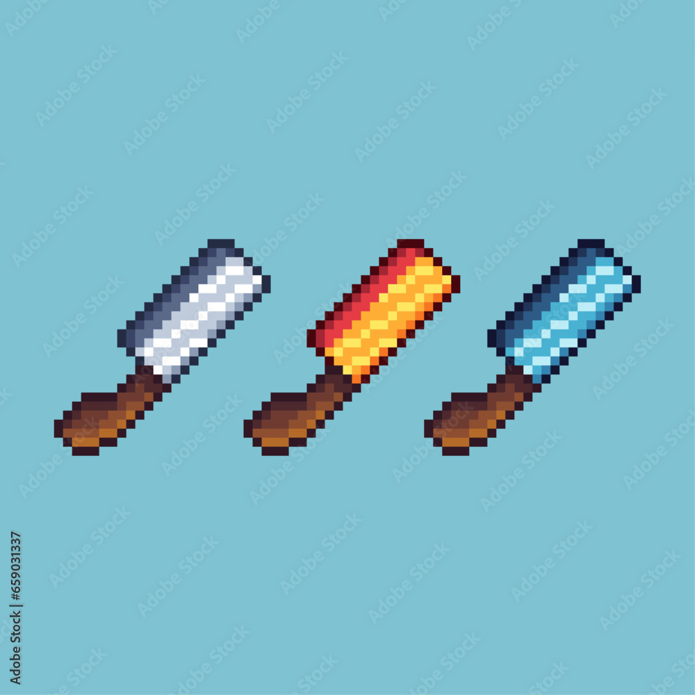 Poster pixel art sets of meat knife with variation color item asset. simple bits of butcher knife tools on 