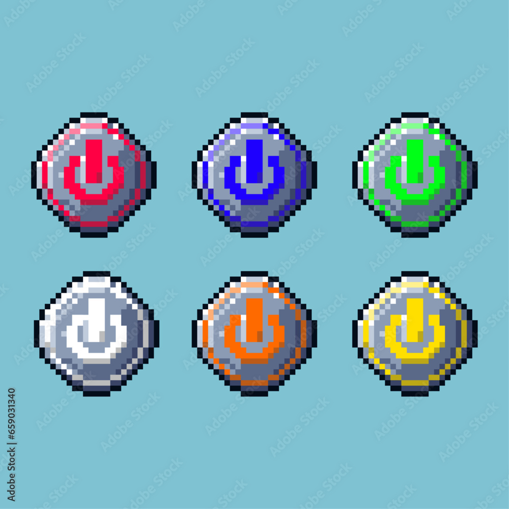 Fototapete pixel art sets of shutdown sign with variation color item asset. simple bits of sign shutdown on pix