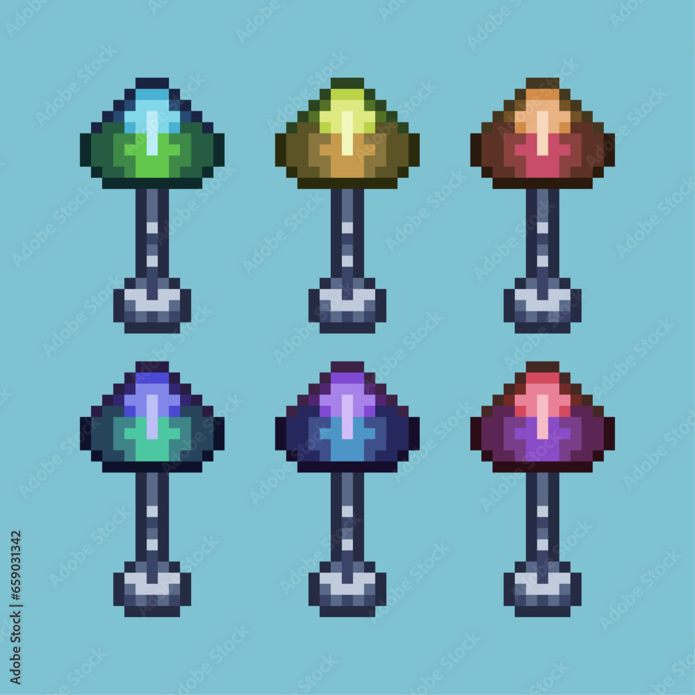 Poster pixel art sets of home lamp with variation color item asset. simple bits of lamp on pixelated style.