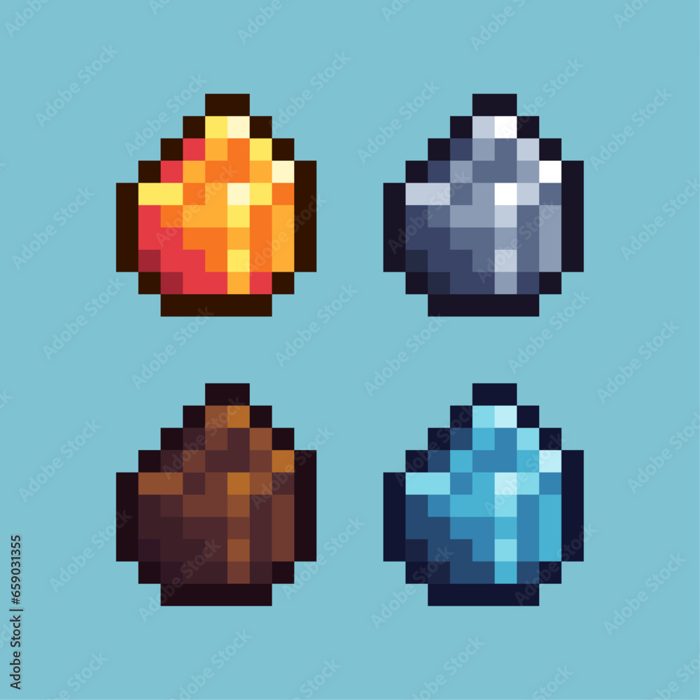 Poster pixel art sets of gold silver bronze ingot with variation color item asset. simple bits of material 
