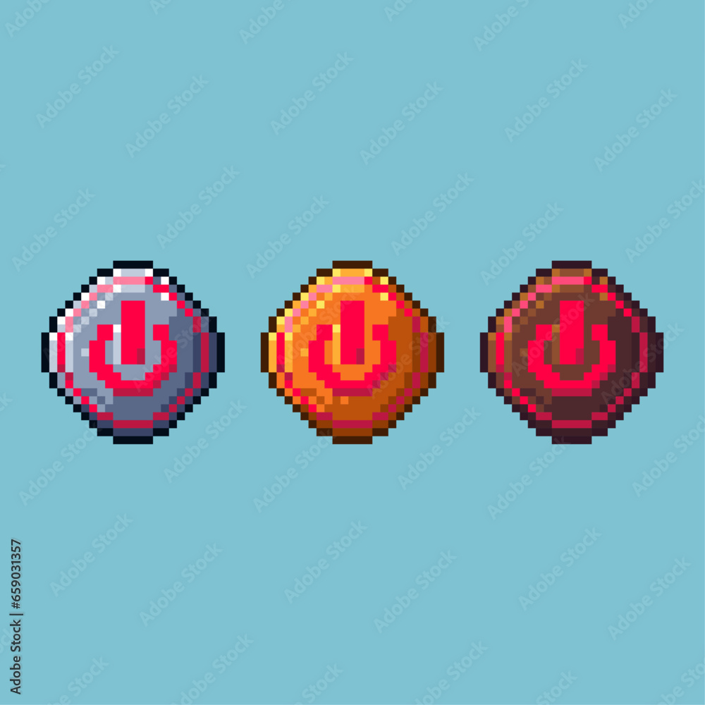 Fototapete pixel art sets of shutdown sign with variation color item asset. simple bits of sign shutdown on pix