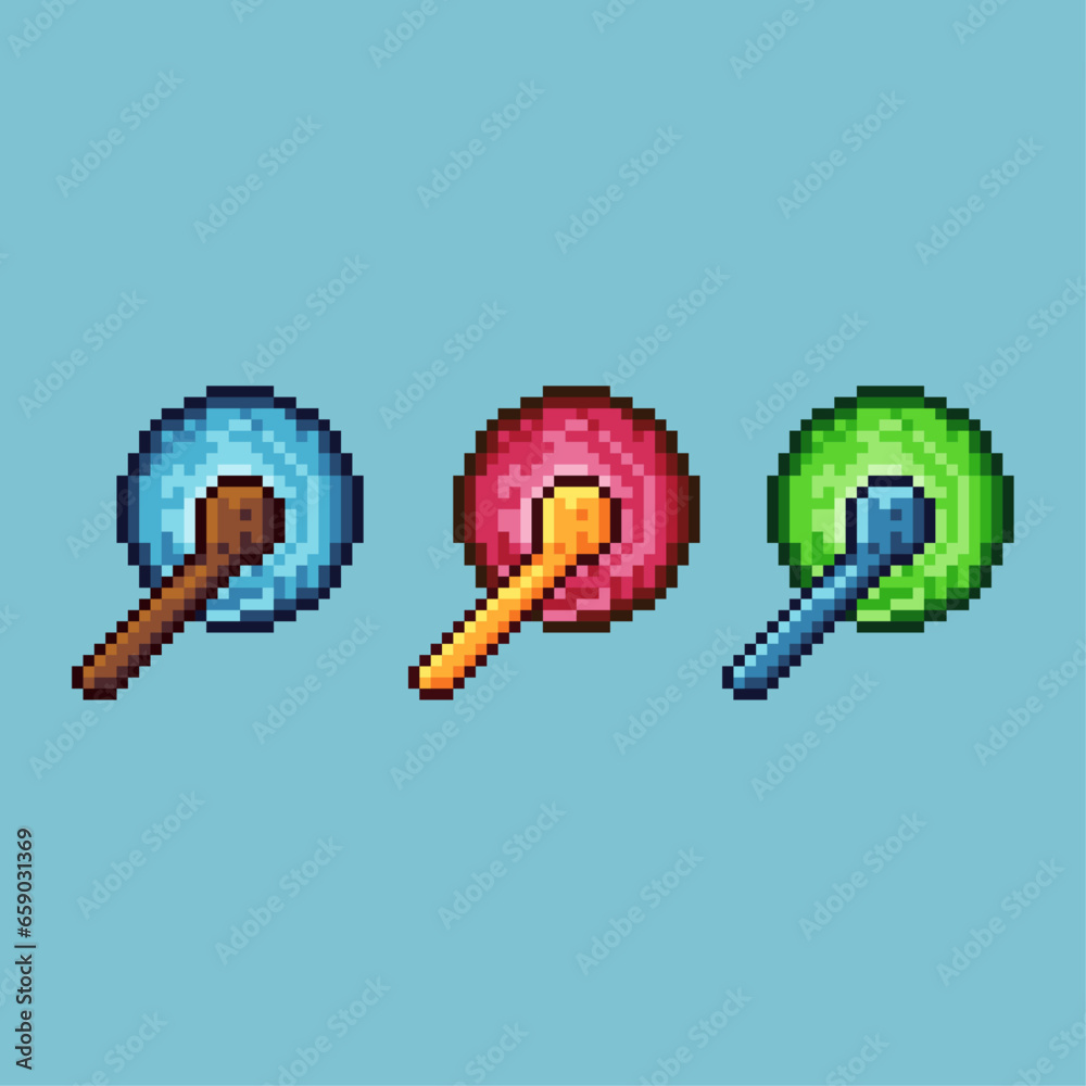 Fototapete pixel art sets of witch energy with variation color item asset. simple bits of magic wand weapon on 
