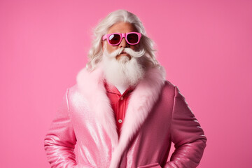 Man in modern cool pink Santa Claus costume