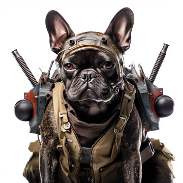 Combat soldier French bulldog dog realistic photo generative AI illustration isolated on white background. Military animals concept