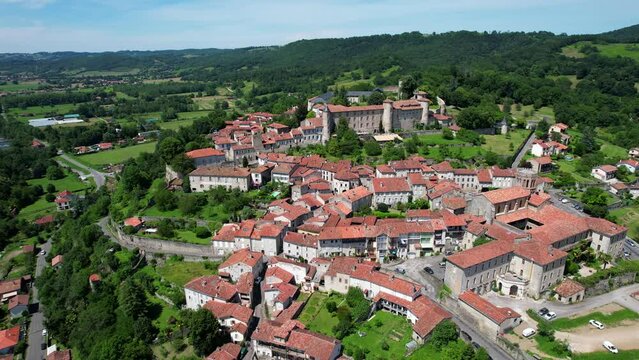 Aerial flyover above Saint-Lizier in south France