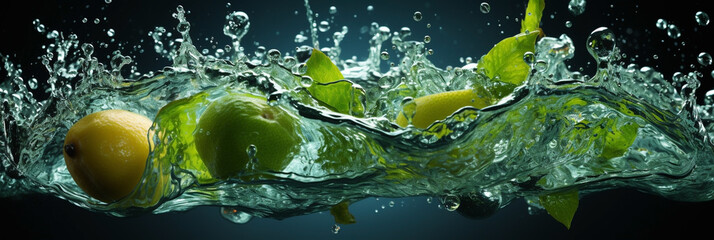 Wide horizontal banner of lime and lemon floating on a flowing water splash with fresh look © Sudarshana