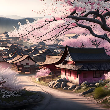 Cherry blossom trees  pictures of rural Japanese style villages, generative ai illustration.