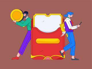 Holiday shopping people doing e-commerce online shopping flat vector concept operation hand drawn illustration
