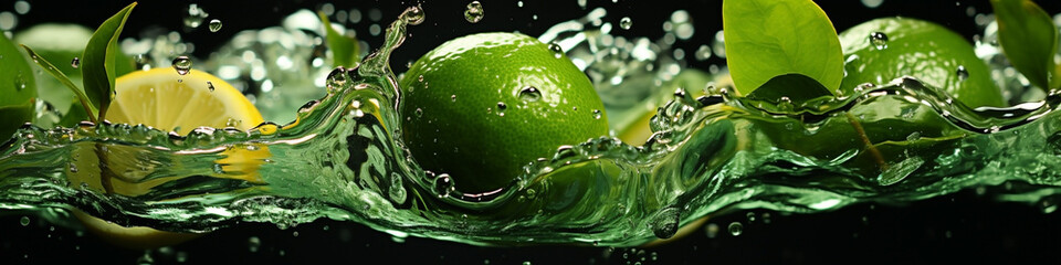 Wide banner photo of floating green lemon and lime slices with leaves on clear fresh water splash for juice bar 