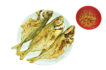 deep fried giant kingfish arranging on plate in white background  