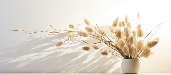 Minimal home interior design concept featuring a composition of beautiful flowers and a dry rabbit...