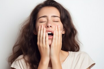 young woman yawning puts her hands to her face