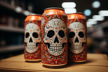 Extreme close up of three orange beer cans with a skull on it