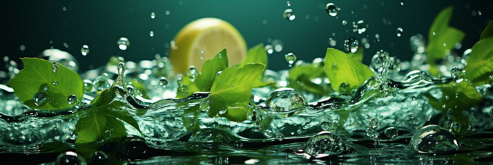 Wide banner photo of floating lemon and slices with leaves on clear fresh water splash in dark blue background    - obrazy, fototapety, plakaty