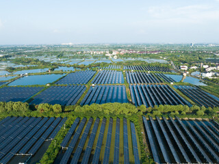 aerial view of solar power plant in field