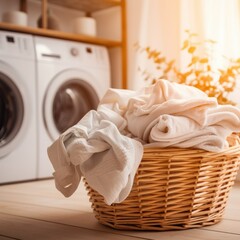 Fototapeta na wymiar Laundry basket on a rack beside of a washing machine