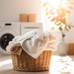 Fototapeta na wymiar Laundry basket on a rack beside of a washing machine