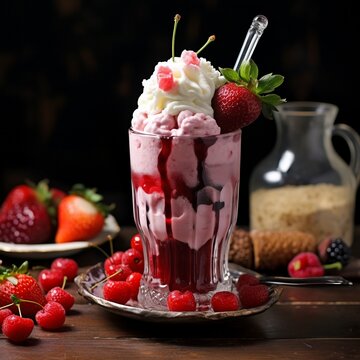 Faluda drink with strawberry ice cream. Generative AI.