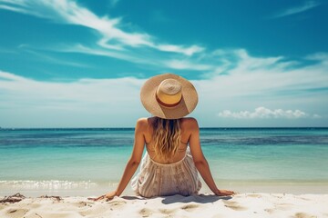 Fototapeta na wymiar girl in a bikini with a hat sunbathing on the beach
