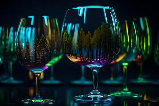 Fantasy forest in a wine glass, neon, realistic, glow - AI Generative