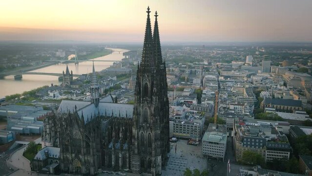 Aerial: Cologne Germany skyline aerial view cologne cathedral at moring top view,cologne church.