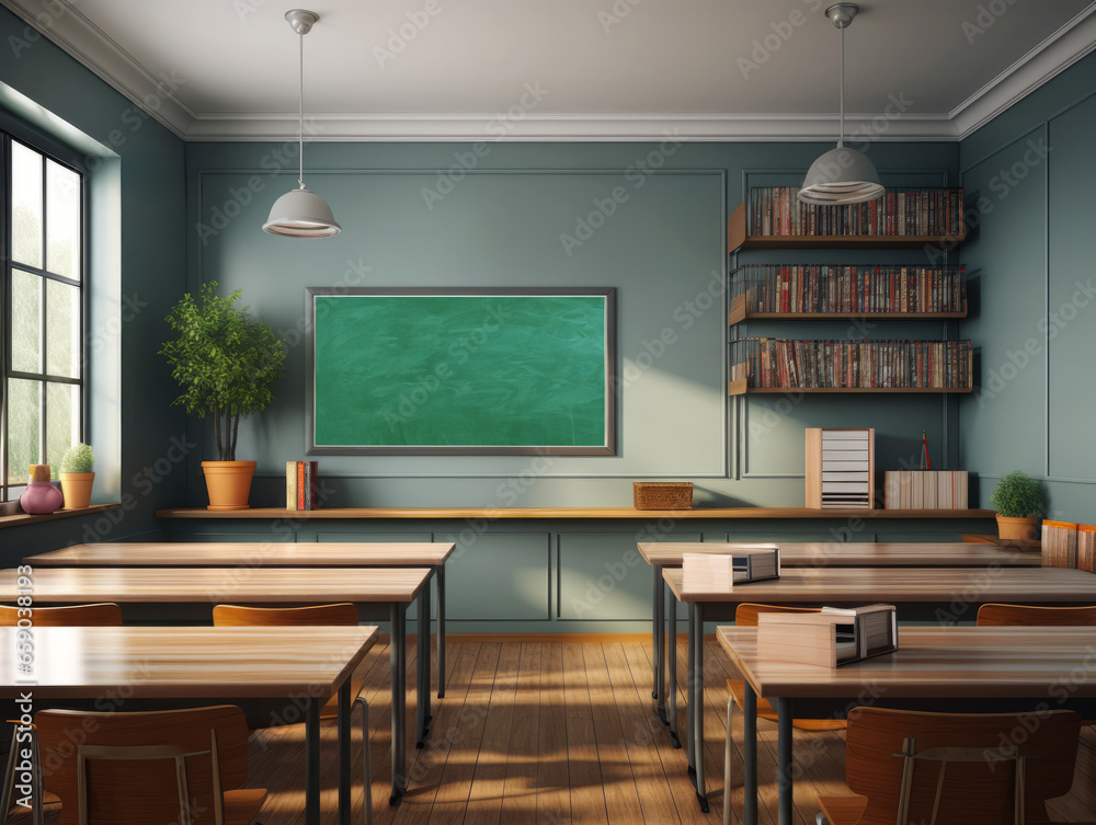 Poster interior of modern classroom with empty chalkboard. mock up. generative ai