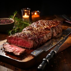 Raw Chuck eye roll Black Angus prime beef steak on butcher board with knife.