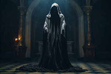 spooky figure with a cloak in a church