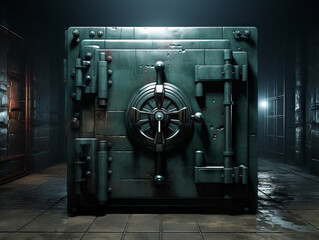 Dangerous green bank vault door in dark room. Generative AI - obrazy, fototapety, plakaty