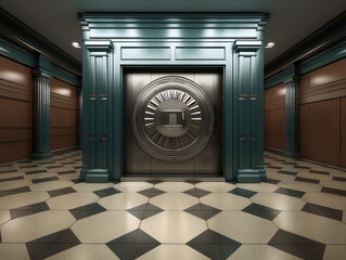 Interior of a hotel room with a vault door. Generative AI - obrazy, fototapety, plakaty