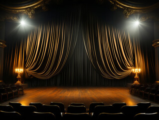 Cinema stage with golden curtains and spotlights. Generative AI - obrazy, fototapety, plakaty