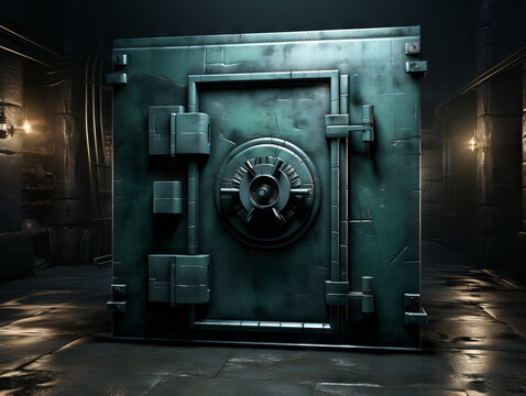 old steel safe in a dark room. Generative AI