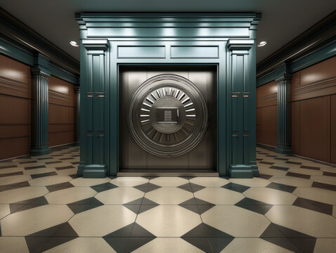 Interior of a hotel room with a vault door. Generative AI