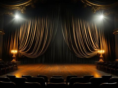 Cinema stage with golden curtains and spotlights. Generative AI