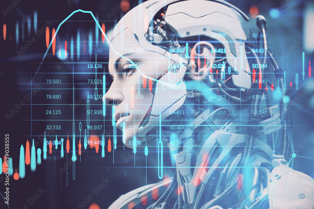 Poster side view of young female robot with double exposure of forex chart. generative ai