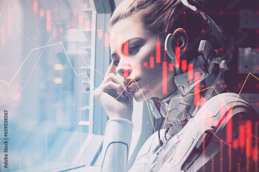 Poster robot face looking at falling down forex chart. generative ai