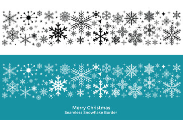 Color Black and white seamless snowflake border, Christmas design for greeting card. Vector illustration, merry xmas snow flake header or banner, wallpaper or backdrop decor