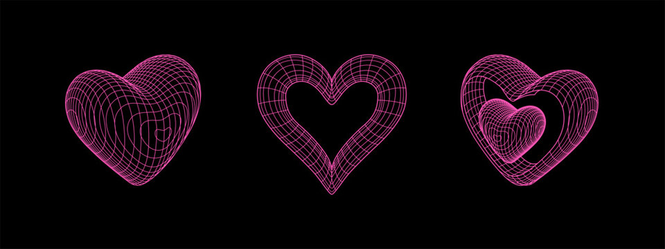 Y2k grid wireframe hearts. Geometry cyberpunk 3D shapes in neon pink color in trendy psychedelic rave style. 2000s Y2k retro futuristic aesthetic. Happy Valentines Day.