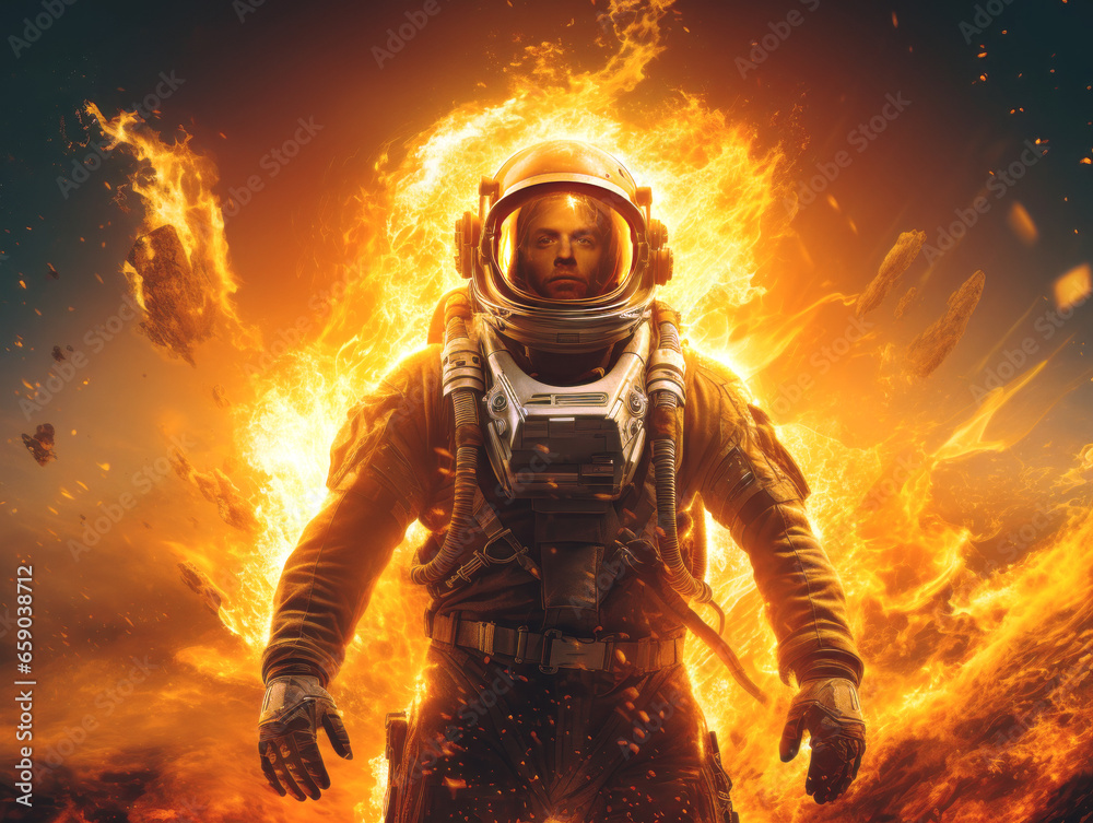 Poster astronaut in space suit and helmet on fire background. generative ai