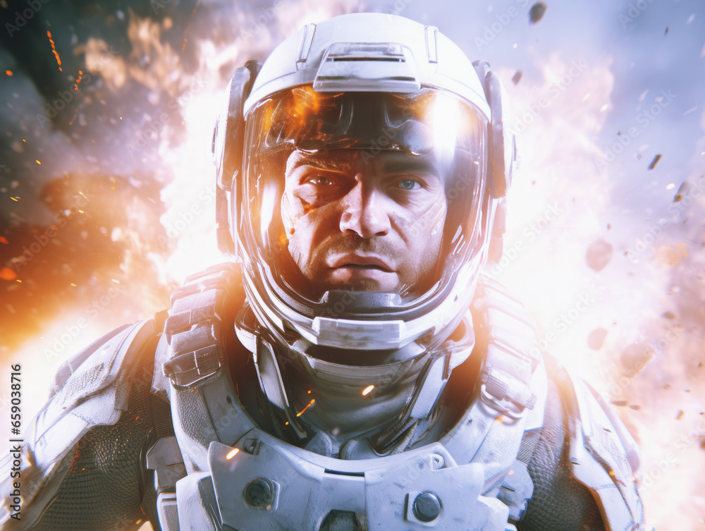 Aufkleber Astronaut in spacesuit against the background of a burning planet. Generative AI