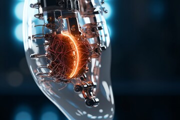 Robotic heart. Heart prosthesis. Human heart on digital background.
