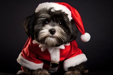 Cute havanese dog dressed as Santa Claus.