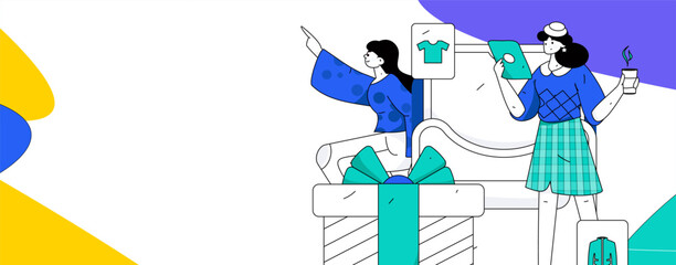 Fototapeta premium Holiday shopping people doing e-commerce online shopping flat vector concept operation hand drawn illustration 